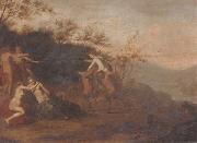 An open landscape with nymphs and satyrs